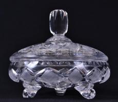 Kristály bonbonier, csiszolt, metszett, hámozott, hibátlan, m:11 cm, d:12 cm / Crystal candy dish