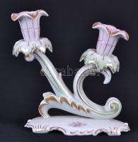 Hollóházi kétágú gyertyatartó, kézzel festett, jelzett, hibátlan, m:15 cm, h:15 cm / Hollohaza porcelain candelstick