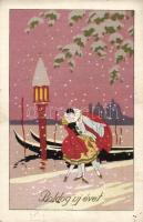 New Year, Pierrot, Italian art postcard