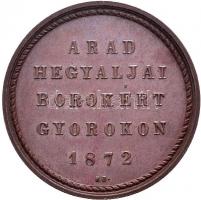 1872KB "ARAD HEGYALJAI BOROKÉRT GYOROKON 1872. K.B. / AZ ARADI GAZDASÁGI EGYLET" Br emlékérem (34mm) T:1- Hungary 1872. "ARAD HEGYALJAI BOROKÉRT GYOROKON 1872. K.B. / AZ ARADI GAZDASÁGI EGYLET" Br medallion (34mm) Kremnitz C:AU