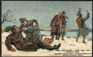 Hungarian Red Cross propaganda, healing Bulgarian soldiers, litho