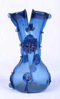 Kétágú, gazdagon díszített, kék szakítottüveg váza /  Handmade designer vase, 25cm