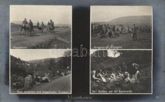 WWI Romanian prisoners, German and Bulgarian troops resting, barber on the road, Macedonian men on donkeys