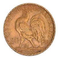 Franciaország/Modern Köztársaság 1907. 20Fr Au "Kakas" utánveret (6.46g/0.900) T:2- France/Modern Republic 1907. 20 Francs Au "Rooster" restrike (6.46g/0.900) C:VF