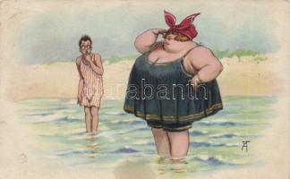 Fat lady on the beach, s: Arthur Thiele (fa)