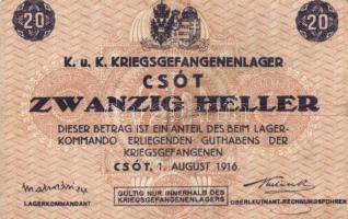 Csót/hadifogolytábor 1916. augusztus 1. 20f számozás nélkül T:III