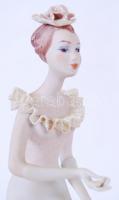Lépő hölgy. Jelzett román porcelán figura, sérült hátul, kézzel festett, m:23 cm / Porcelain figure