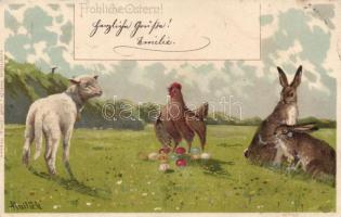 Easter, chicken, lamb and rabbits, litho, s: Mailick (small tear)