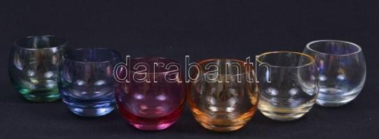 cca 1960 6db-os, színes, likőrös pohár készlet /  A set of vintage colored liqueur glasses
