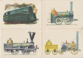 8 db modern, használatlan, gőzmozdonyokat ábrázoló motívumlap, pinx. Kondor Lajos / 8 modern, unused locomotive motive cards, pinx. Lajos Kondor