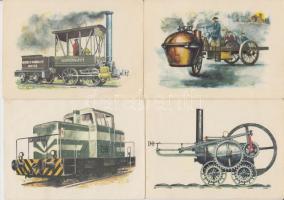 8 db modern, használatlan, gőzmozdonyokat ábrázoló motívumlap, pinx. Kondor Lajos / 8 modern, unused locomotive motive cards, pinx. Lajos Kondor