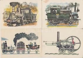 8 db modern, használatlan, gőzmozdonyokat ábrázoló motívumlap, pinx. Kondor Lajos / 8 modern, unused locomotive motive cards, pinx. Lajos Kondor