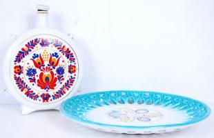 Hollóházi kulacs Kőszeg látképpel, jelzett, hibátlan + kézi festésű áttört kerámia dísztányér d:28 c...