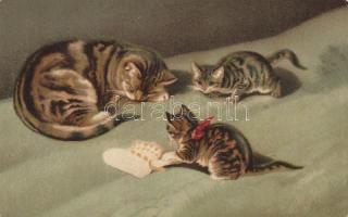 Cats with baby sock, litho