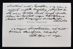 Tóth Árpád zenekritikus saját kézzel írt üdvözlő sorai névjegykártyáján