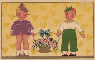 Children love couple, flowers, golden decoration, litho