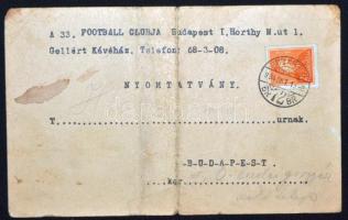 1934 A Budai 33 football club értesítése játékosának, hogy meccsen fog szerepelni. Levelezőlap