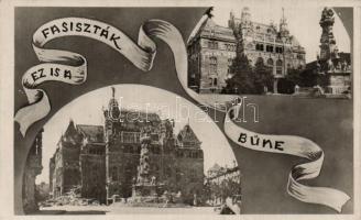 Budapest V. Pénzügyminisztérium épen és lerombolva, &#039;Ez is a fasiszták bűne&#039;, német ellenes propaganda