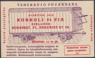 Budapest VI. Andrássy út 66. Konkoli és fia teherautó fuvarozás vállalkozása (nem képeslap / non pc)