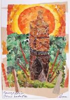 Ferenczy Klára: Ócsai kopjafák. Kollázs, papír, jelzett, 70×50 cm