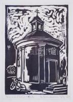 Brankovics Éva (1938-): Temetőkápolna, linó, papír, jelzett, üvegezett keretben 34×25 cm