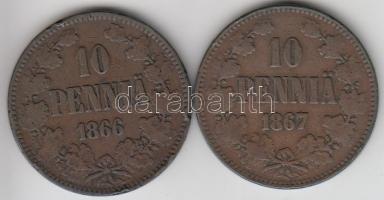 Finnország 1866. 10p Cu + 1867. 10p Cu T:3 Finland 1866. 10 pennia Cu + 1867. 10 pennia Cu C:F