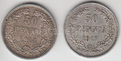 Finnország 1914. 50p Ag + 1917. 50p Ag T:2 Finland 1914. 50 pennia Ag + 1917. 50 pennia Ag C:XF