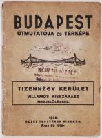 1938 Budapest útmutatója és térképe. Tizennégy kerület villamos kisszakasz megjelöléssel. Aczél Testvérek (térkép hiányzik)