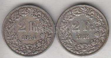 Svájc 1912. 2Fr Ag + 1914. 2Fr Ag t:2- Switzerland 1912. 2 Francs Ag + 1914. 2 Francs Ag C:VF