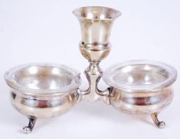 cca 1900 Ezüstözött alpakka fűszertartó eredeti üvegbetéttel (az egyik betét törött) /  Silver plated alpacca salts with original glass containers (one damaged), 13x9x7cm