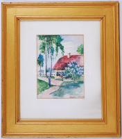 Bauer.I. 1935 jelzéssel: Virágos udvar. Akvarell, papír, üvegezett keretben 39×34 cm