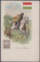 Hungarian post, wrangler, flag and stamp, folklore litho