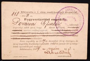 1919 Békéscsabai rendőrkapitányság által kiállított fegyvertartási engedély