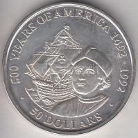 Cook-szigetek 1989. 50$ Ag &quot;Amerika 500 éve - Kolumbusz&quot; T:PP Cook Islands 1989. 50 Dollars Ag &quot;500 Years of America - Christopher Columbus&quot; C:PP