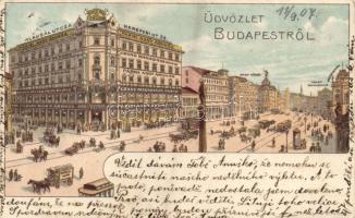 Budapest VII. Párizsi Nagyáruház, Keleti Pályaudvar, Népszínház, litho (EB)