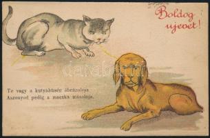 New Year, cat and dog humour litho