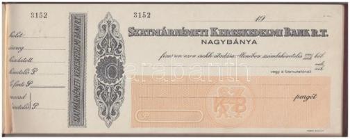 Szatmárnémeti Kereskedelmi Bank Nagybánya csekkfüzete egy kitépett csekkel, amúgy kitöltetlen