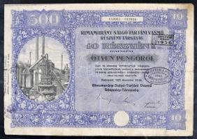 1925. Rimamurány-Salgótarjáni Vasmű Rt. részvény 500 P, elővételi jog gyakorlását igazoló pecséttel, szelvényekkel