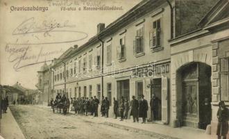 Oravicabánya, Fő utca, korona szálloda, Huber Hugó üzlete, Weisz Félix kiadása / main street, Hotel, shop (fa)