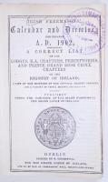 Irish Freemaisons Calendar and Directory for the Year 1902... Dublin, 1902, printed by S. Underwood for The Grand Lodge of Ireland. A Magyarországi Symbolikus Nagypáholy Könyvtárának pecsétjével, a kötés levált. / Ír szabadkőműves naptár és jegyzék