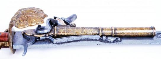 Tőrre szerelt igényes pisztoly-másolat kovás szerkezettel / Nice ornament-pistol on dagger 64 cm