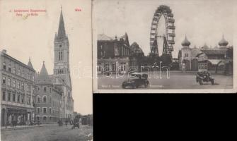 Vienna 2 postcards: Prater ferris wheel, Main street with church