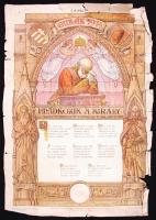 1914 Imádkozik a király nagyméretű, címeres emléklap hadisegély pecséttel. szélén szakadásokkal 34x48 cm