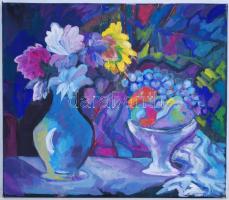 Jelzés nélkül: Virág és gyümölcs csendélet. Olaj, vászon, sérült, 38×44 cm