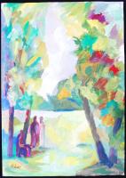 Loránt jelzéssel: Alakok a ligetben. Olaj, papír, 42×29 cm