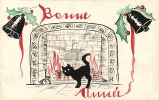 New Year, cat, hand-painted posctard