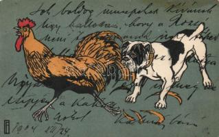 Rooster, dog, litho (Rb)