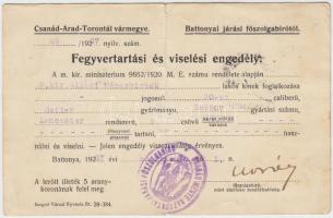 1937 Csanád-Arad-Torontál vármegye fegyvertartási és viselési engedély
