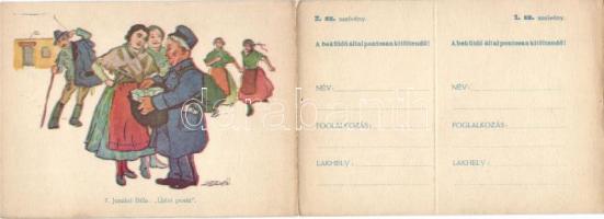 Újév, újévi posta, magyar folklór, kinyitható tombola képeslap, s: Juszkó / New Year, New Year's package, Hungarian folklore, opening raffle postcard, s: Juszkó