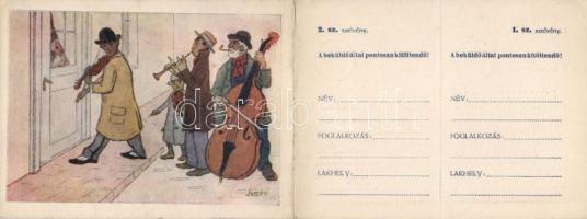 Zenészek, kinyitható tombola képeslap, s: Juszkó / Musicians, opening raffle postcard, s: Juszkó (EK)